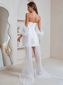 YUMIBRAVO Off Shoulder Draped Detail Ruched Side Draped Wedding Dress White Elegant Bridal Dress White Dress,Bride