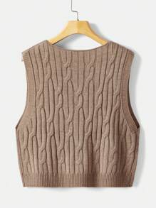 Flirla Plus Cable Knit Sweater Vest - Khaki - View 2