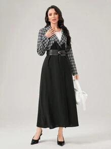 Al Najma Plaid Panel Open Front Abaya - Black and White - View 3