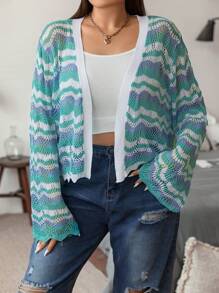 Flirla Plus Allover Chevron Pattern Scallop Trim Cardigan