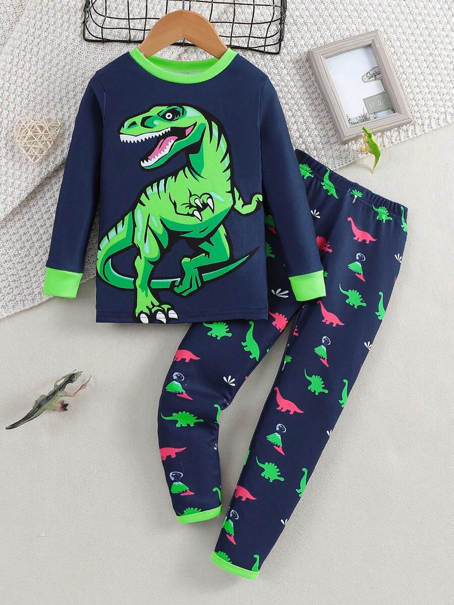 Chàng trai trẻ In Khủng long Viền tương phản Vừa Khít Bộ PJ - Nhiều màu - Xem 1