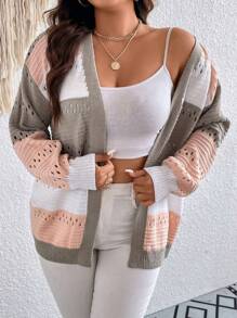 Calvaya Plus Color Block Drop Shoulder Pointelle Knit Duster Cardigan