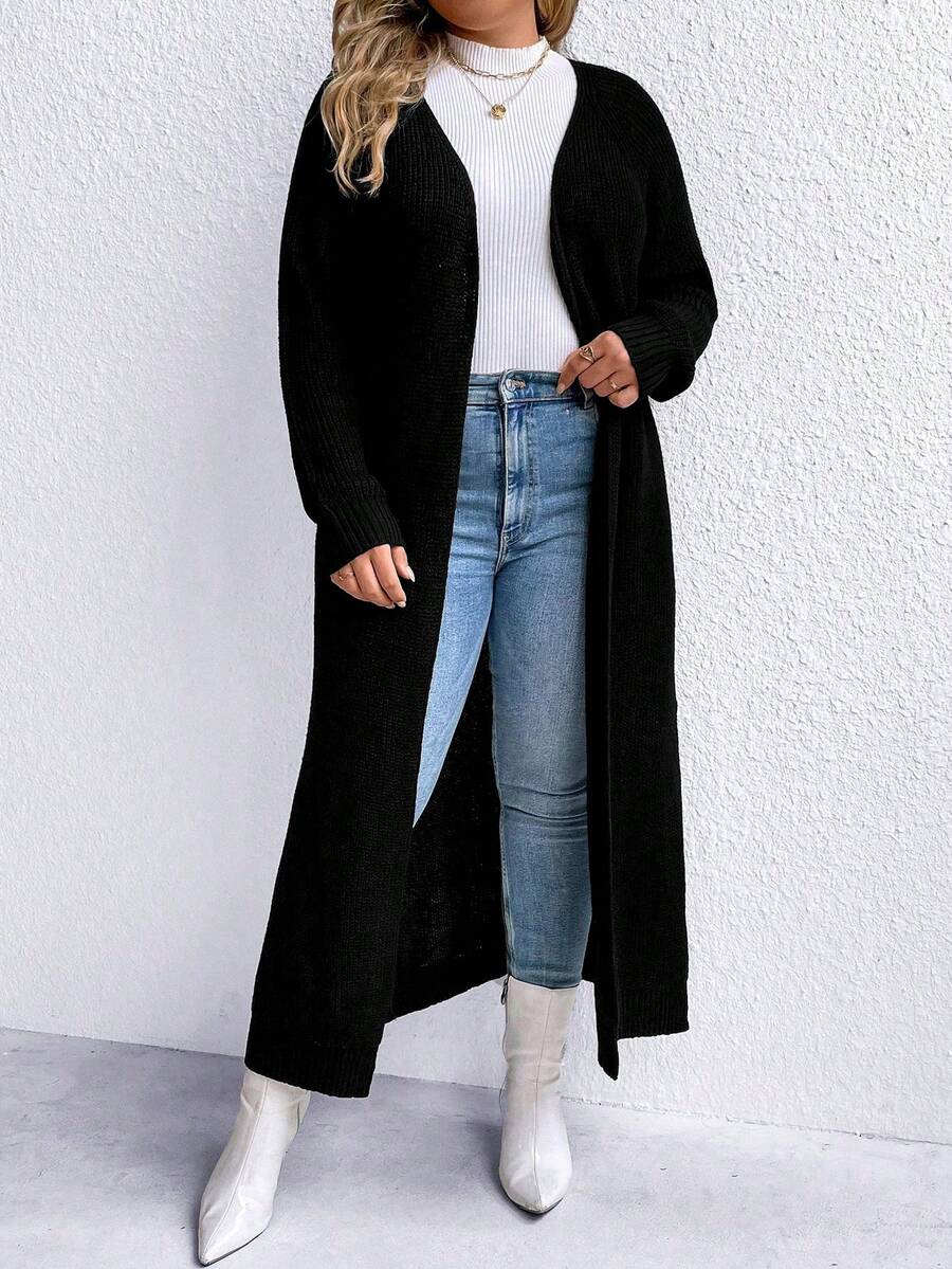 SHEIN LUNE Áo khoác cardigan thả vai cỡ lớn - màu đen - Xem 1