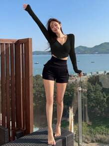 DAZY 纯色纽扣前开襟生菜边短款 T 恤，秋季服装长袖女式上衣 - 黑色 - 查看 7