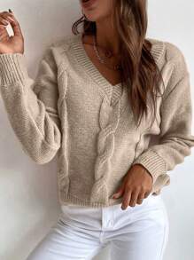 EMERY ROSE Solid Cable Knit V Neck Sweater Knit Pullover Fall Winter Outfit - Apricot - View 6
