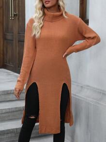 SHEIN LUNE Áo len cổ cao xẻ đùi, vai rớt, chất liệu dệt kim, thích hợp cho mùa thu đông. - Màu Khaki - Xem 1