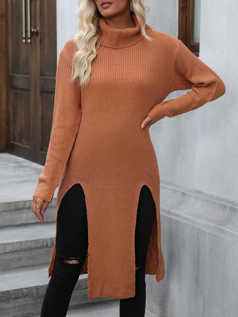 SHEIN LUNE Áo len cổ cao xẻ đùi, vai rớt, chất liệu dệt kim, thích hợp cho mùa thu đông. - Màu Khaki - Xem 1