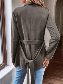 EMERY ROSE Waterfall Collar Belted Suedette Coat - Grey - View 2
