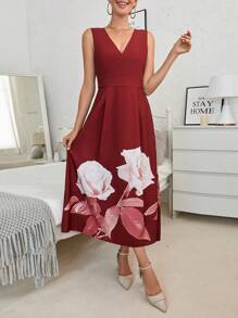 SHEIN Clasi Floral Print Fold Pleated Detail Dress - Red - View 3