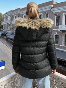 RueChic Fuzzy Trim Hooded Puffer Coat - Black - View 2