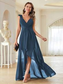 不对称褶饰雪纺优雅伴娘礼服 - 霧霾藍 - 查看 5