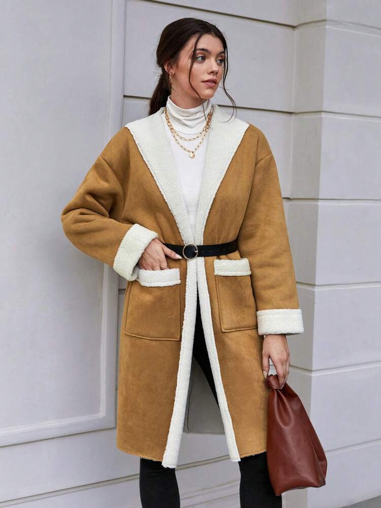 Dual Pocket Drop Shoulder Teddy Lined Coat Without Belt Fall Cloth For Women