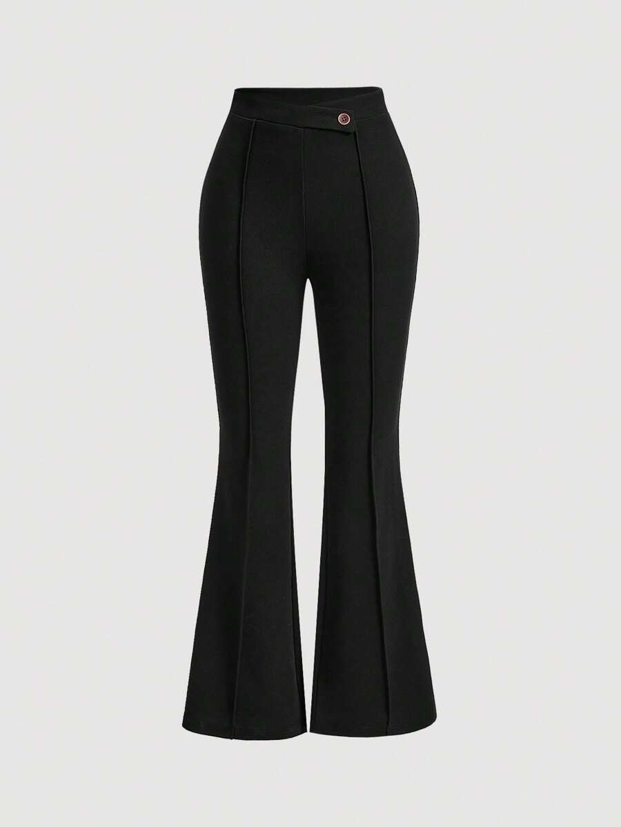 SHEIN MOD High Waist Flare Leg Black Toothpick Pleats Pants - Black - View 1