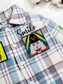 Young Boy Plaid & Letter Graphic Patched Detail Shirt - Blue and White - View 8