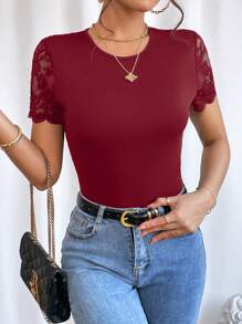 SHEIN Privé Contrast Lace Backless Scallop Trim Bodysuit - Red - View 5