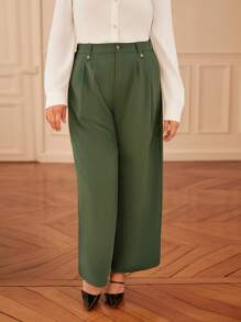 SHEIN Frenchy Plus Solid Slant Pocket Wide Leg Pants - Army Green - View 5