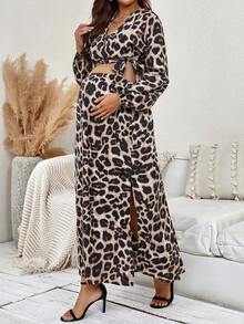 SHEIN Thai sản In hoa Báo Tay áo lồng đèn Top Cây trồng & Vòng eo có thể điều chỉnh Tách đùi Váy - Màu Khaki - Xem 5