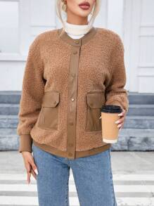 SHEIN Essnce 翻蓋口袋落肩袖毛絨夾克 - 卡其色 - 查看 4