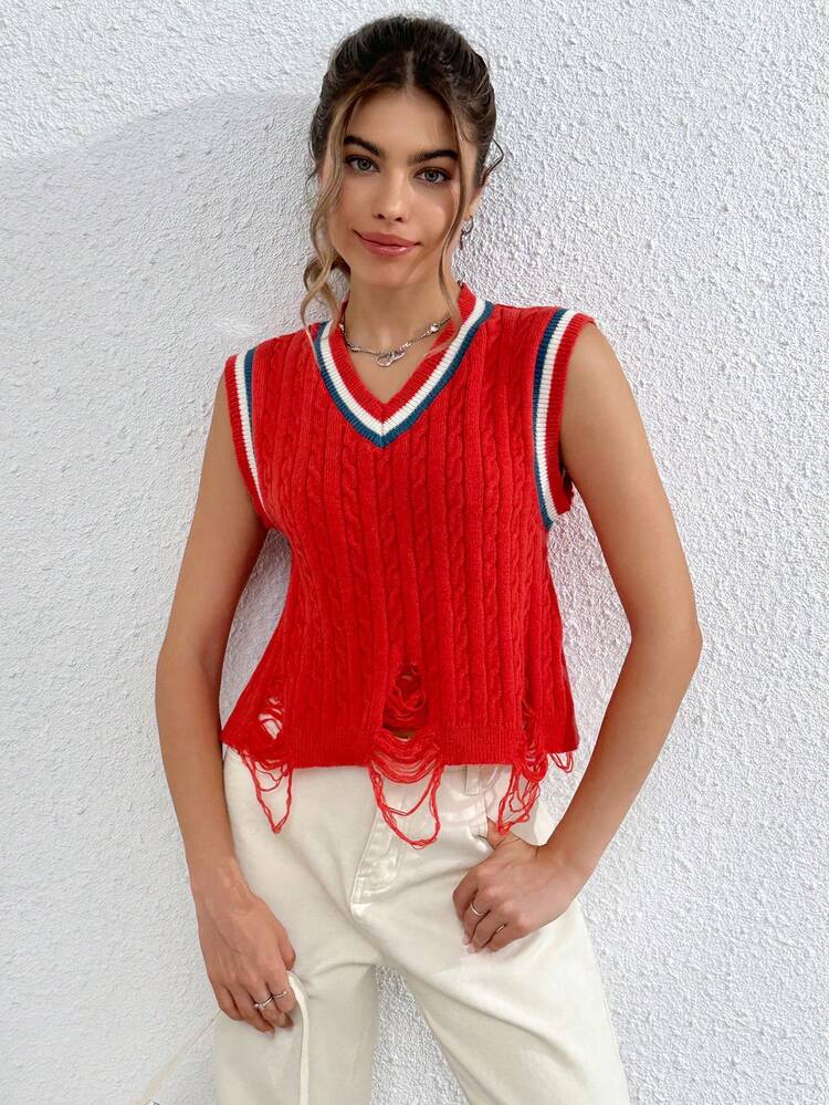 Striped Trim Ripped Sweater Vest