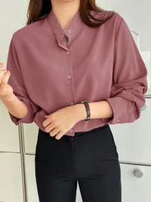 DAZY 女式纯色日常装纽扣前开襟长袖衬衫 - 西瓜粉 - 查看 4