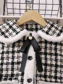 SHEIN Chica Joven Abrigo con patrón de cuadros con lazo delantero cuello marinero tweed - Blanco y Negro - Ver 6