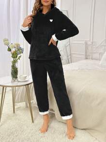 愛心刺繡拼接邊連帽法蘭絨睡衣套裝 - 黑色 - 查看 4