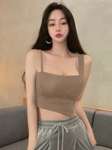 DAZY Chất rắn Viền không đối xứng Crop Tank Top - Màu Khaki - Xem 3