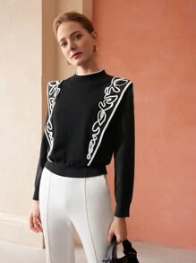 MOTF PREMIUM 荷叶边刺绣毛衣 - 黑與白 - 查看 7