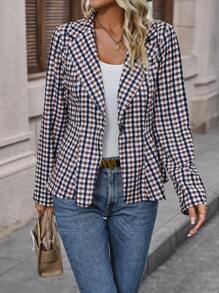 SHEIN Clasi 格紋印花西裝領單釦外套 - 彩色 - 查看 1