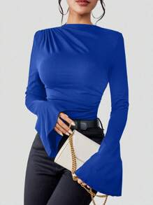 Chiquease Mock Neck Trumpet Sleeve Ruched Tee Fall Cloth For Women - Blue - View 6