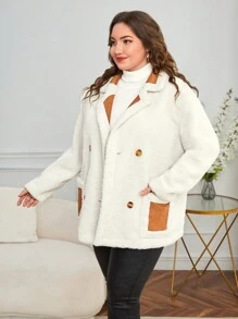 SHEIN Essnce Plus Two Tone Double Breasted Teddy Coat