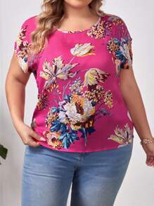 SHEIN Clasi 休閒花卉印花加大襯衫 - 玫紅色 - 查看 4