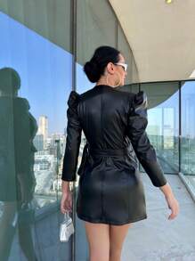 Zolique Solid PU Leather Puff Sleeve Belted Coat - Black - View 2