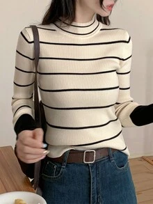 条纹立领罗纹针织毛衣 - 杏色 - 查看 5