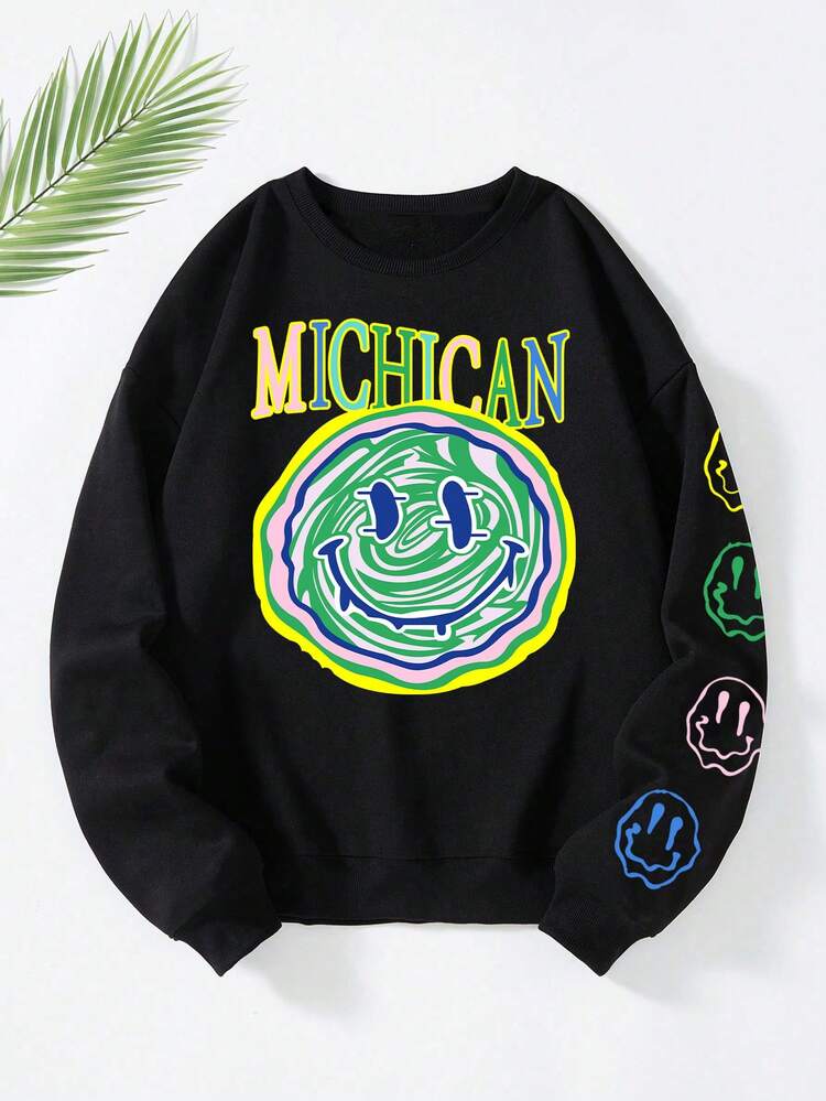 SHEIN Unity Cartoon & Letter Graphic Drop Shoulder Sweatshirt - Black - View 1