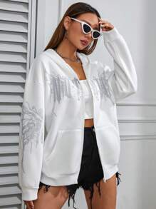 StreetHx Áo hoodie giữ ấm có khóa kéo, họa tiết chữ cái, kiểu dáng vai rớt, dành cho mùa thu. - trắng - Xem 3
