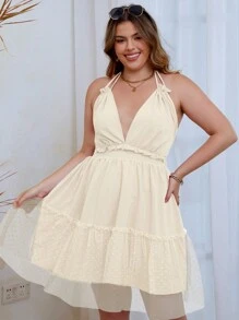 SHEIN Clasi Talla grande Vestido halter de malla en contraste bajo con fruncido de espalda abierta con cordón - Albaricoque - Ver 5