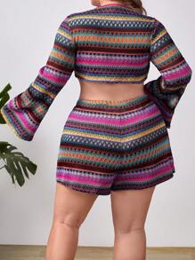 SHEIN VCAY Plus Chevron Pattern Trumpet Sleeve Crop Top & Tie Waist Shorts