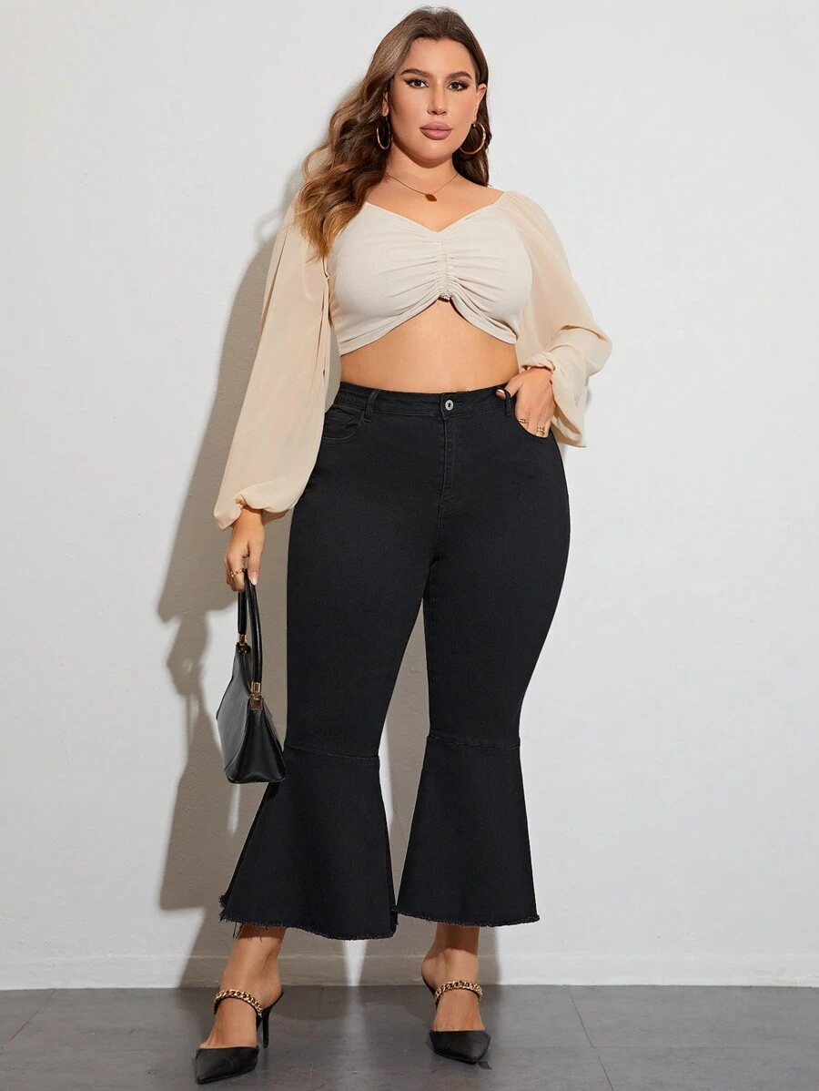SHEIN Privé Hơn Cao eo Cắt Thô Quần ống loe - màu đen - Xem 1