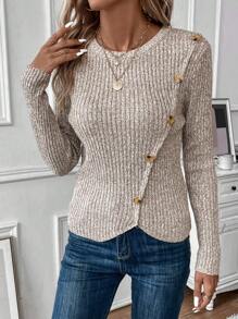 SHEIN LUNE Chi tiết Nút Viền không đối xứng Chi tiết Nút Đồ đan Ribbed Áo len - Màu Khaki - Xem 3