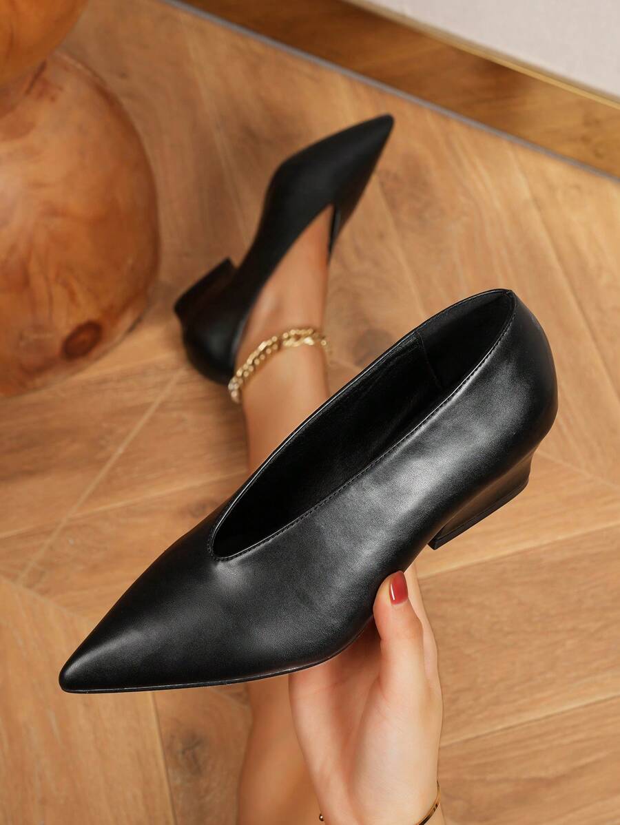 Giày cao gót mũi nhọn đế dày thời trang xuân/thu, chất liệu da PU, màu đen, thoải mái, phù hợp để mang hàng ngày, đi ăn tối, dự tiệc trang trọng, thanh lịch