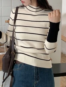 条纹立领罗纹针织毛衣 - 杏色 - 查看 8