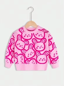 SHEIN Young Girl Rabbit Pattern Sweater - Pink - View 8