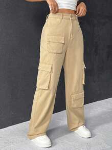 SHEIN Frenchy Flap Pocket Cargo Jeans - Blue - View 4