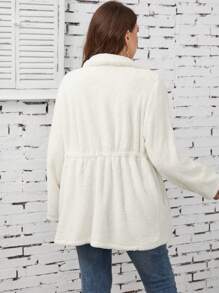 SHEIN LUNE Plus Drawstring Waist Zip Up Teddy Coat - White - View 2