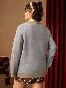 HARRY POTTER X SHEIN 大碼字母貼布條紋飾邊落肩袖開襟衫 - 彩色 - 查看 3