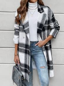 SHEIN LUNE 格紋雙排釦落肩袖花呢外套 - 黑與白 - 查看 5