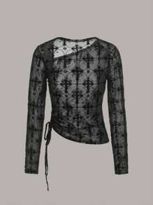 ROMWE Goth Drawstring Side Mesh Top - Black - View 2
