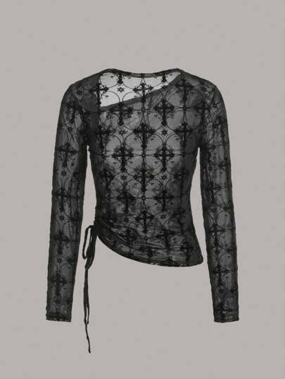 Goth Drawstring Side Mesh Top