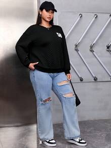 SHEIN EZwear Plus Letter Graphic Drop Shoulder Sweatshirt - Black - View 6